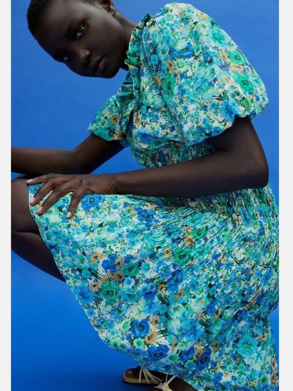 BOGO! Zara Smocked Floral Puff Sleeve Dress Turquoise Blue Small
